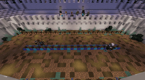 a group of people are standing in a large room in a video game