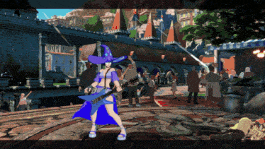 a woman in a purple hat is playing a guitar