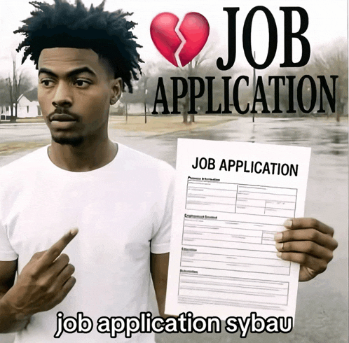 a man is holding a job application with a broken heart on it