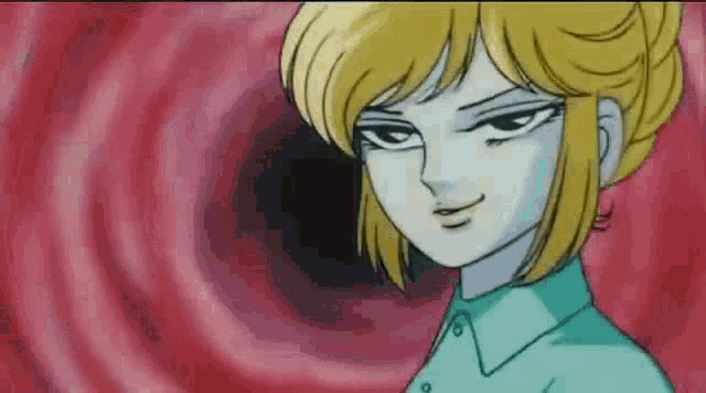 a close up of a cartoon character with blonde hair and a blue shirt .