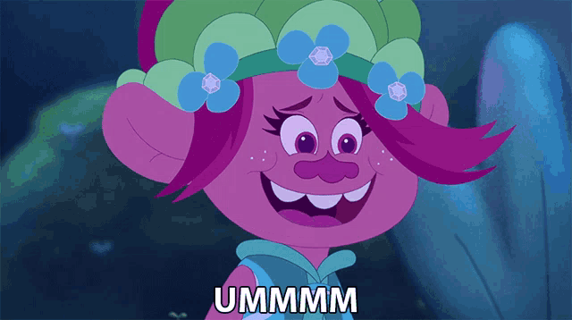 a troll with flowers in her hair and the word ummm on the bottom