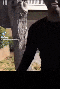 a man in a black shirt is standing in front of a tree trunk .