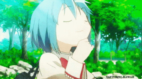 a girl with blue hair is standing in a forest with her eyes closed and her hand on her chin .
