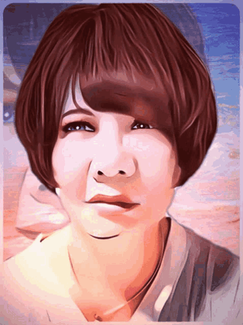 a painting of a woman with short hair and a necklace