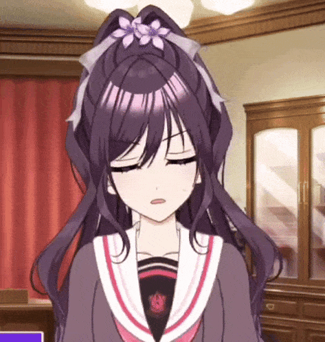 a girl with purple hair and a flower in her hair is making a face in a room .