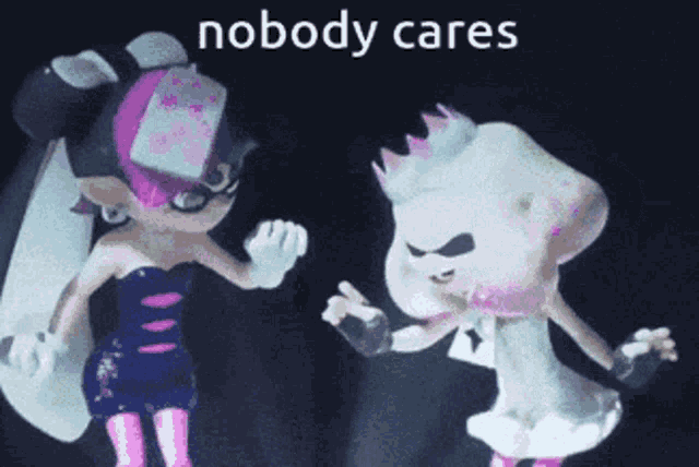 two cartoon characters standing next to each other with the words " nobody cares " written on the bottom