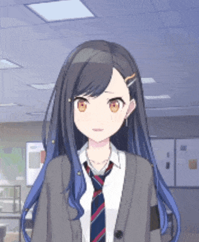 a girl with long blue hair is wearing a tie and cardigan