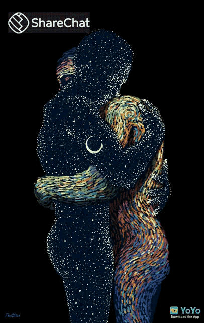 a painting of a man and woman hugging with the words sharechat on the bottom right