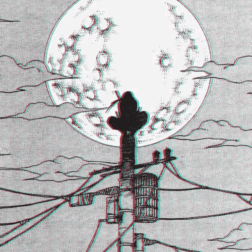 a black and white drawing of a person standing on top of a pole in front of a full moon