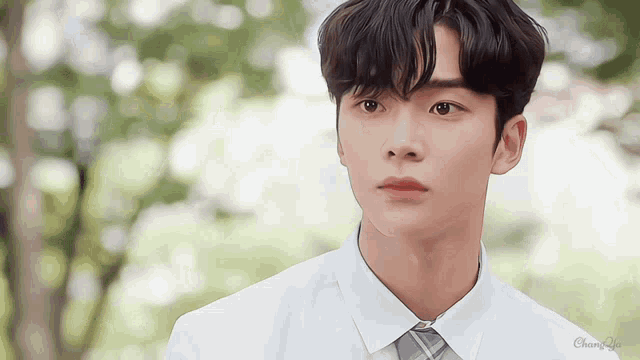 a young man wearing a white shirt and tie is looking at something