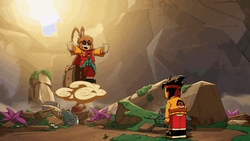 a cartoon of a man standing next to a giant rabbit