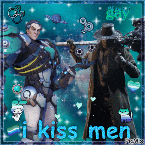 a picture of two men with the words i kiss men on the bottom
