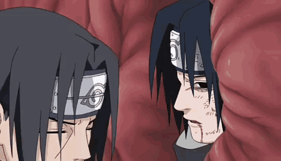 two anime characters are standing next to each other and looking at each other .