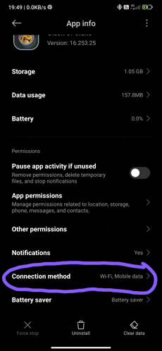 a screenshot of the app info page on a cell phone with a purple arrow pointing to the connection method .