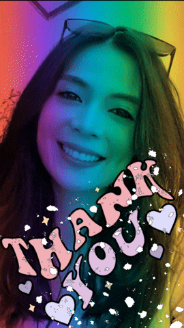 a girl with a rainbow background and the words thank you written on it