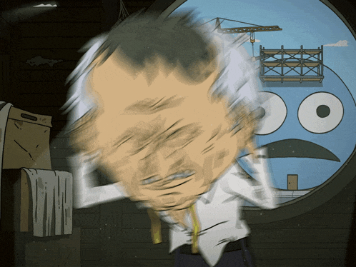 a cartoon drawing of a man holding his head with a blue face in the background