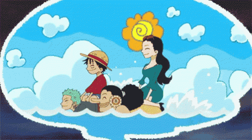 a group of cartoon characters are floating in the ocean