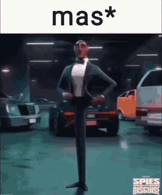 a man in a tuxedo is standing in a parking garage with cars behind him and the words mas * on the top