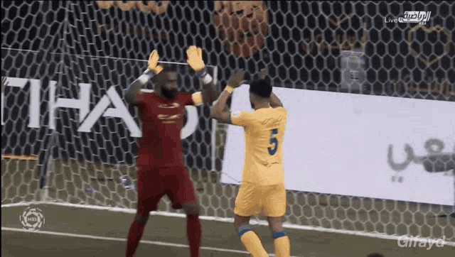 a soccer player with the number 5 on his jersey celebrates