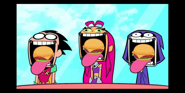 three cartoon characters with their mouths open and hamburgers in their mouths