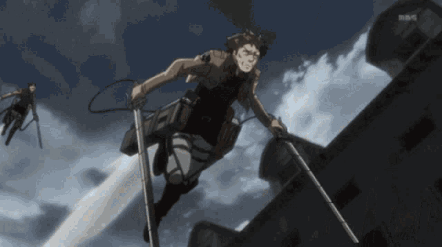 a man is flying through the air while holding a pair of swords