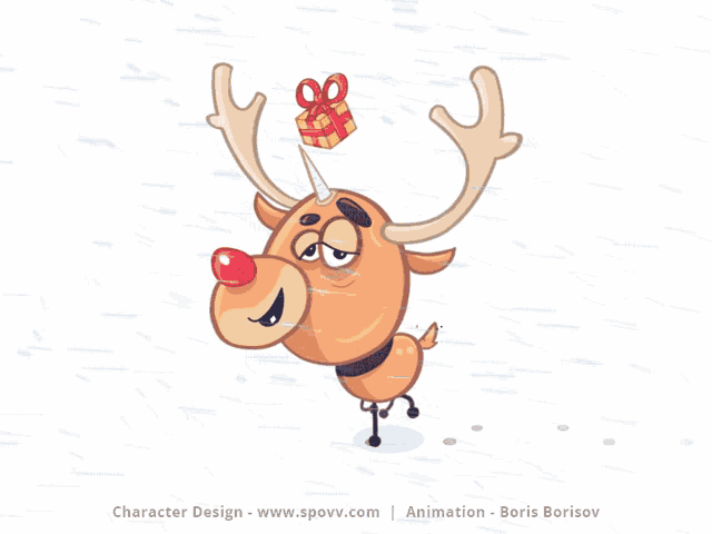 a cartoon reindeer with a gift on its antlers and the website www.spovv.com