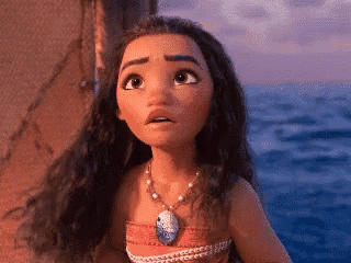 a cartoon girl with long hair and a necklace is looking at the ocean .