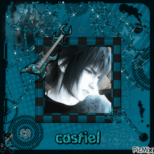 a picture of a boy with a guitar and the name castiel
