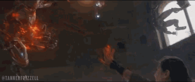 a man is holding a gun in front of a robot that is shooting lightning