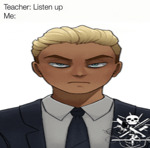a man in a suit and tie with the words teacher listen up me