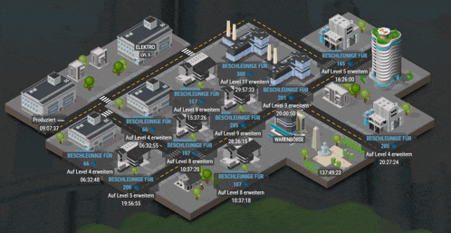 an isometric map of a city with a few buildings labeled