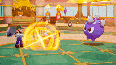 a video game with mario and a purple monster fighting