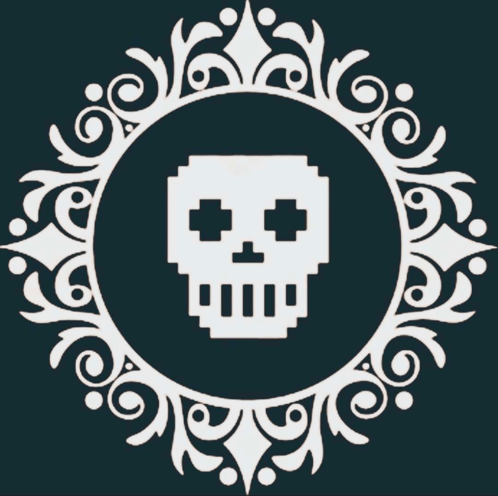 a pixelated skull in a circle with swirls