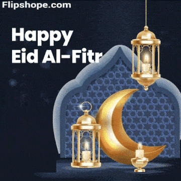 a happy eid al-fitr greeting card with gold lanterns and a crescent moon