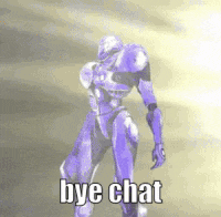 a purple robot with the words `` bye chat '' written on it .