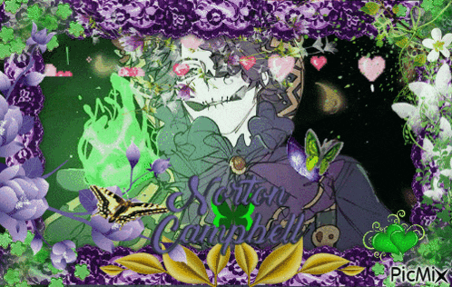 a picture of skeleton campbell is surrounded by flowers and butterflies