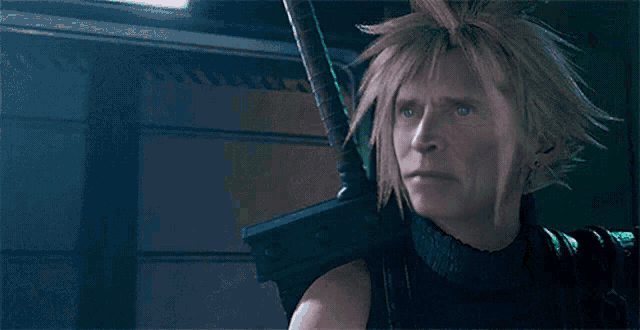 a close up of a person 's face with cloud strife 's hair in a video game