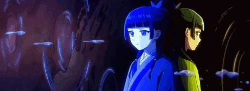 a couple of anime characters standing back to back with their backs to each other