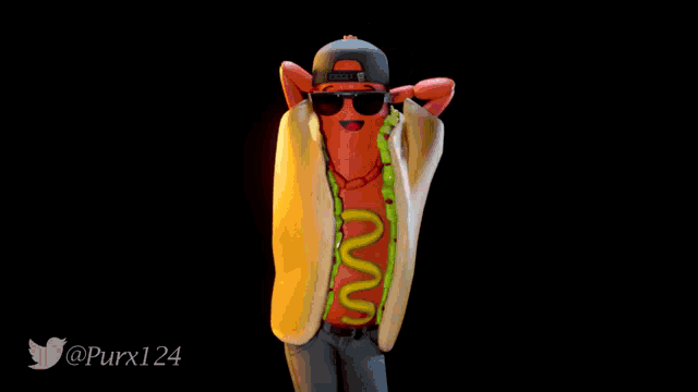 a picture of a hot dog wearing sunglasses and a hat with the twitter username purx124