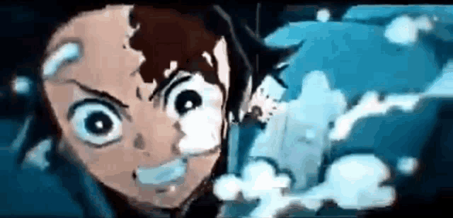 a close up of a cartoon character 's face with a blue background and smoke coming out of it .