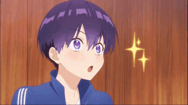 a purple haired anime character with a surprised look on her face