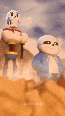 two cartoon characters are standing next to each other in front of a sunset