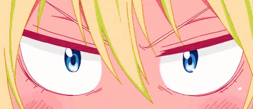 a close up of a cartoon character 's eyes with a serious look on their face .