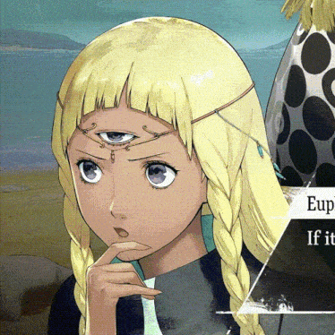 a girl with blonde hair has a third eye on her forehead and the words euph if it
