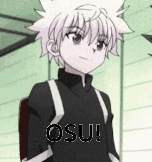 a boy with white hair is wearing a black jacket and a backpack and says osu !