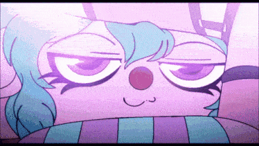 a cartoon drawing of a clown with blue hair and purple eyes