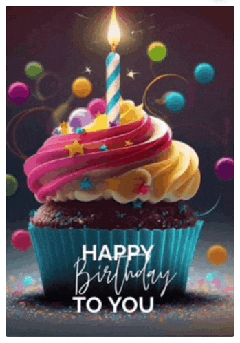 a birthday card with a cupcake with a lit candle