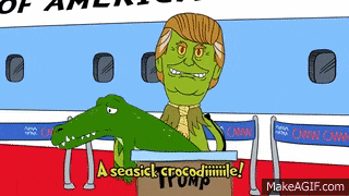 a cartoon of donald trump with a crocodile on his back