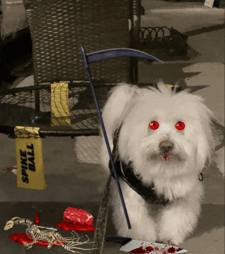 a white dog with red eyes is surrounded by a scythe and a sign that says " spine ball "