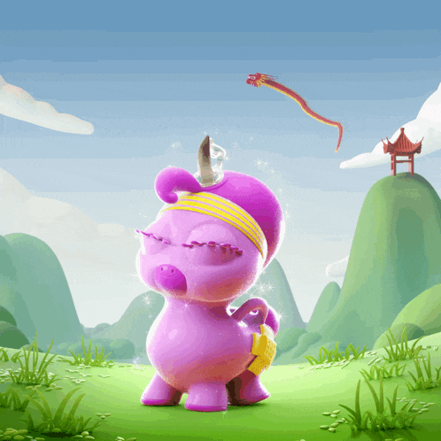 a cartoon illustration of a purple unicorn with a dragon flying in the background